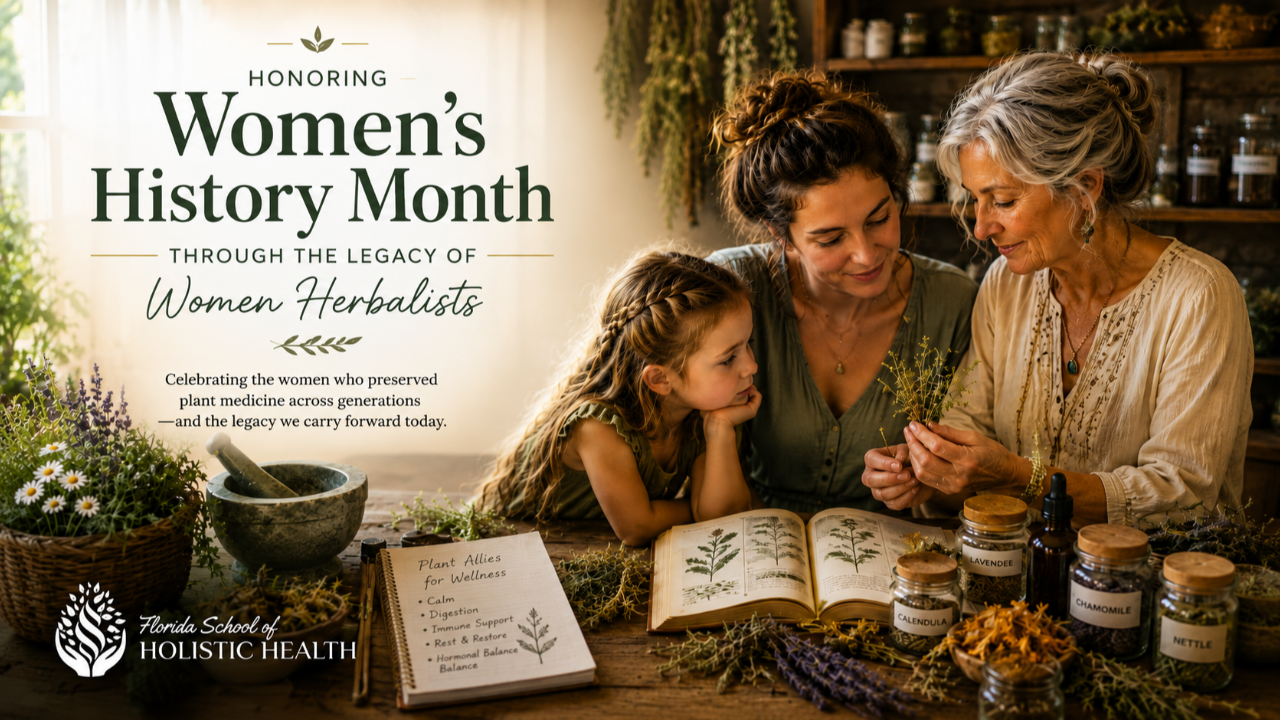 Three generations of women explore medicinal herbs together in a warm herbal apothecary, celebrating Women's History Month and the legacy of women herbalists. The graphic features the message "Honoring Women's History Month Through the Legacy of Women Herbalists" alongside Florida School of Holistic Health branding.