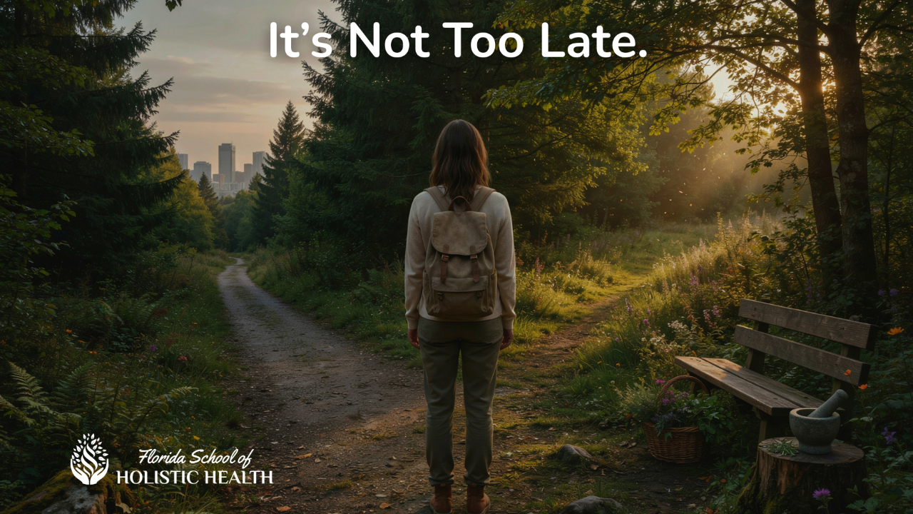 Woman with a backpack standing at a fork in a wooded path between a distant city and a sunlit natural landscape, with the message “It’s Not Too Late” and the Florida School of Holistic Health logo.