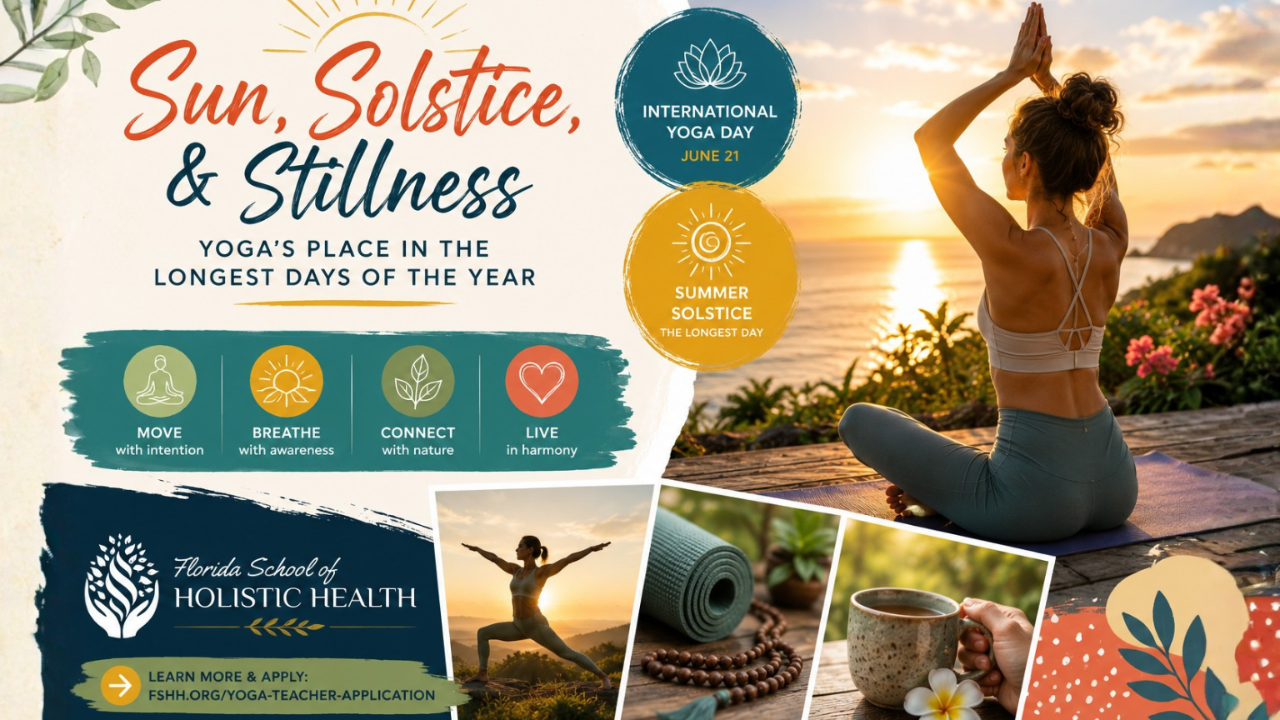 A promotional graphic for Florida School of Holistic Health celebrates International Yoga Day and the Summer Solstice. The design features the headline "Sun, Solstice, & Stillness: Yoga's Place in the Longest Days of the Year" alongside a woman practicing yoga at sunrise overlooking the ocean. Supporting images show a yoga pose, a rolled yoga mat with meditation beads, and a cup of tea, with wellness themes including Move with intention, Breathe with awareness, Connect with nature, and Live in harmony. The graphic includes a call to learn more about the school's Yoga Teacher Training program.