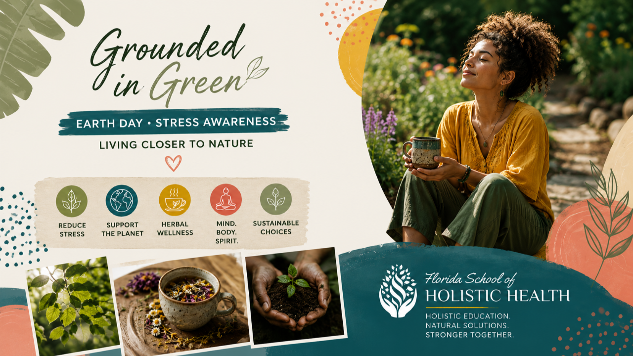 A peaceful woman sits in a lush garden holding a ceramic mug with her eyes closed, enjoying a quiet moment in nature. The graphic promotes Earth Day and Stress Awareness with the headline "Grounded in Green" and highlights the benefits of living closer to nature, including stress reduction, herbal wellness, sustainability, and mindfulness. Florida School of Holistic Health branding appears alongside images of herbs, tea, and planting.