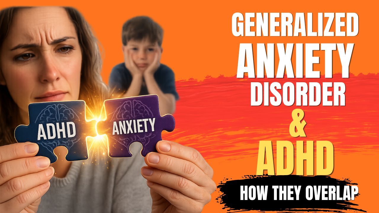 Parent comparing generalized anxiety disorder and ADHD using puzzle pieces while child looks worried in the background