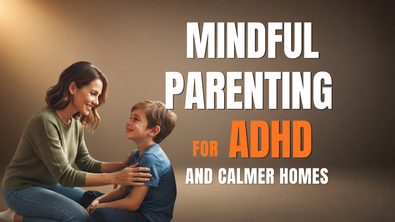 parent practicing mindfulness with child,” “parent and child navigating ADHD challenges,” and “calm parent responding to an overwhelmed child.