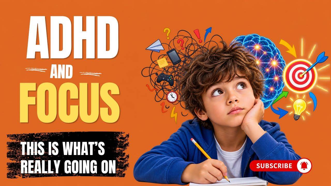 ADHD and focus illustration showing a child struggling with attention while doing homework