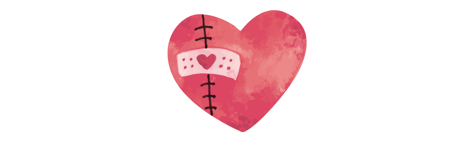 Watercolor-style red heart with a stitched seam and white bandage featuring a small red heart.