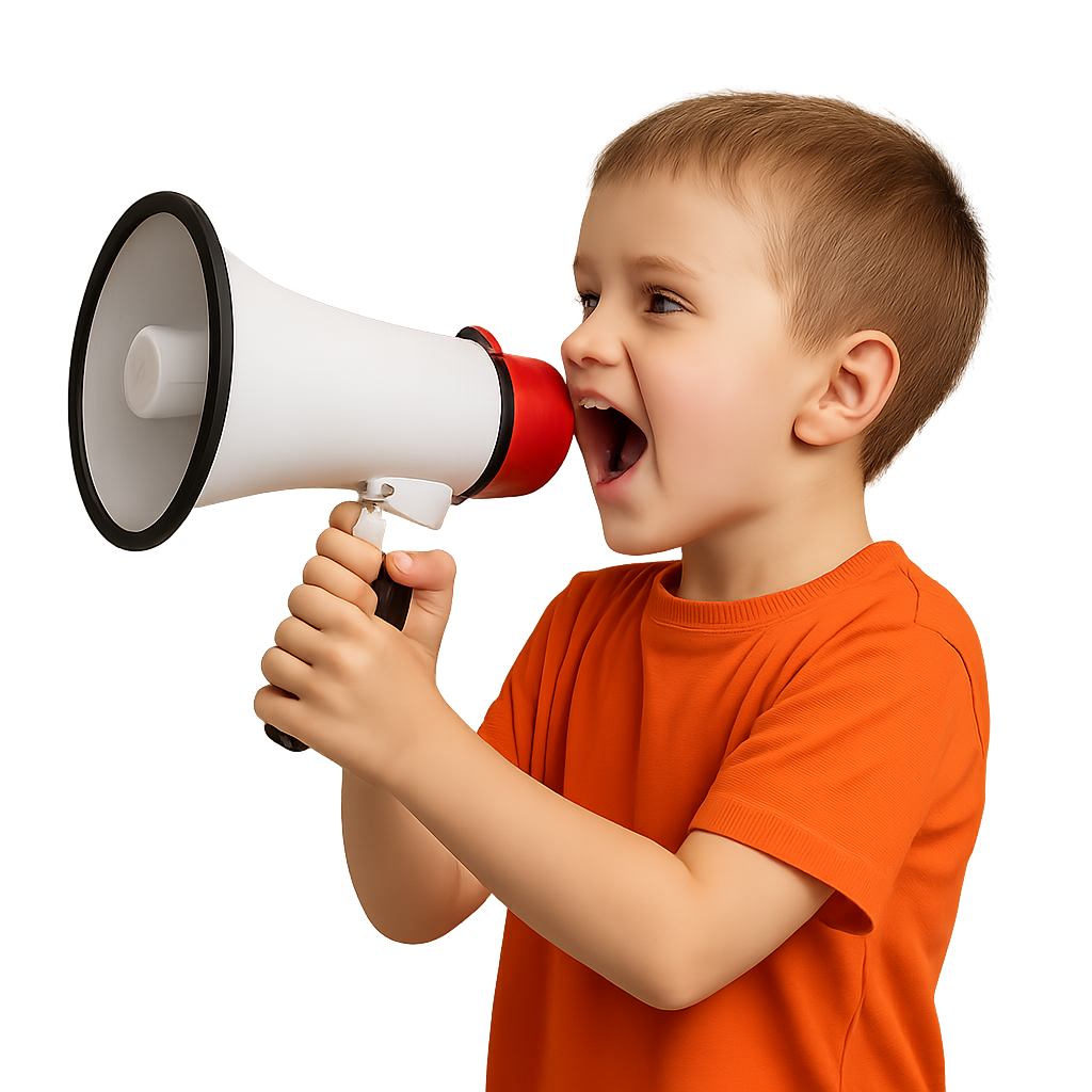 Illustration of a smiling child holding a megaphone with both hands, standing confidently against a transparent background.
