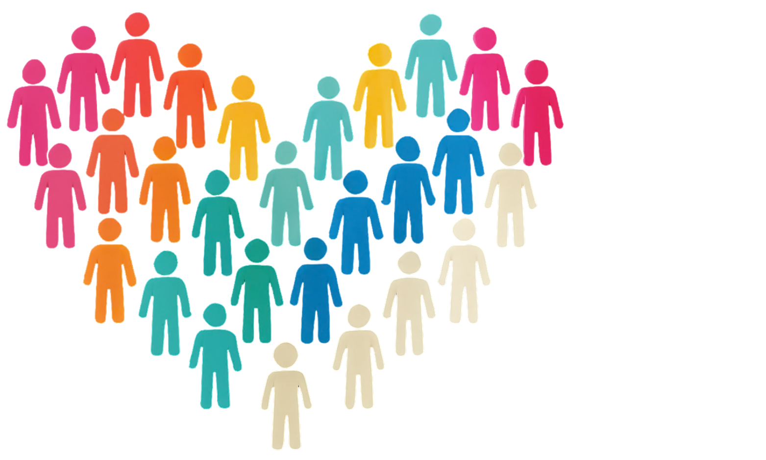 Heart shape formed by human silhouettes in eight distinct colors on a black background, symbolizing diversity and unity.