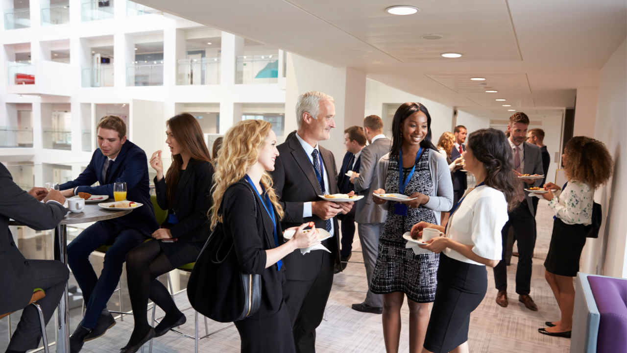 Introverted professional in a calm, one-on-one networking conversation