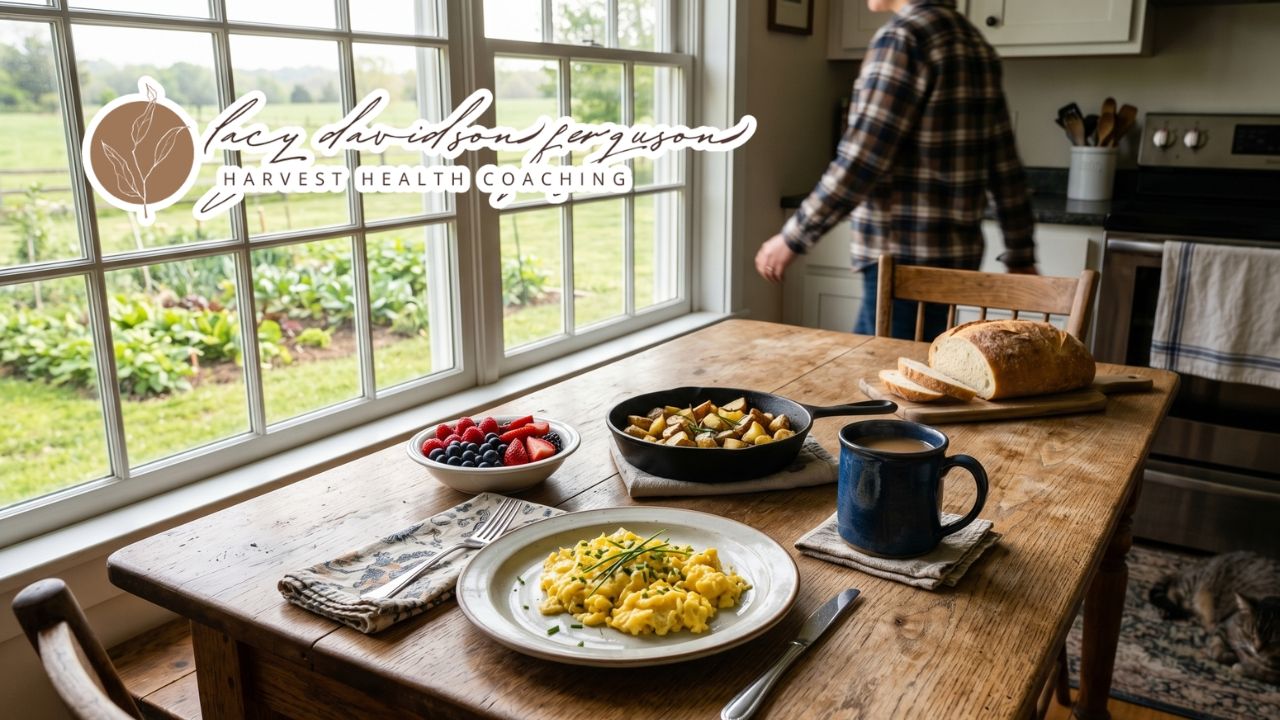 person enjoying a balanced breakfast with eggs potatoes and coffee in a sunlit kitchen