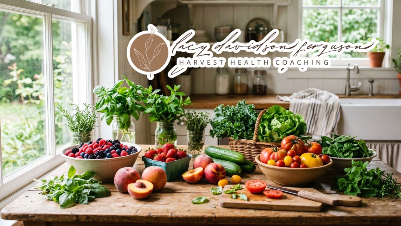 fresh summer produce including berries cucumbers tomatoes and herbs on a kitchen table