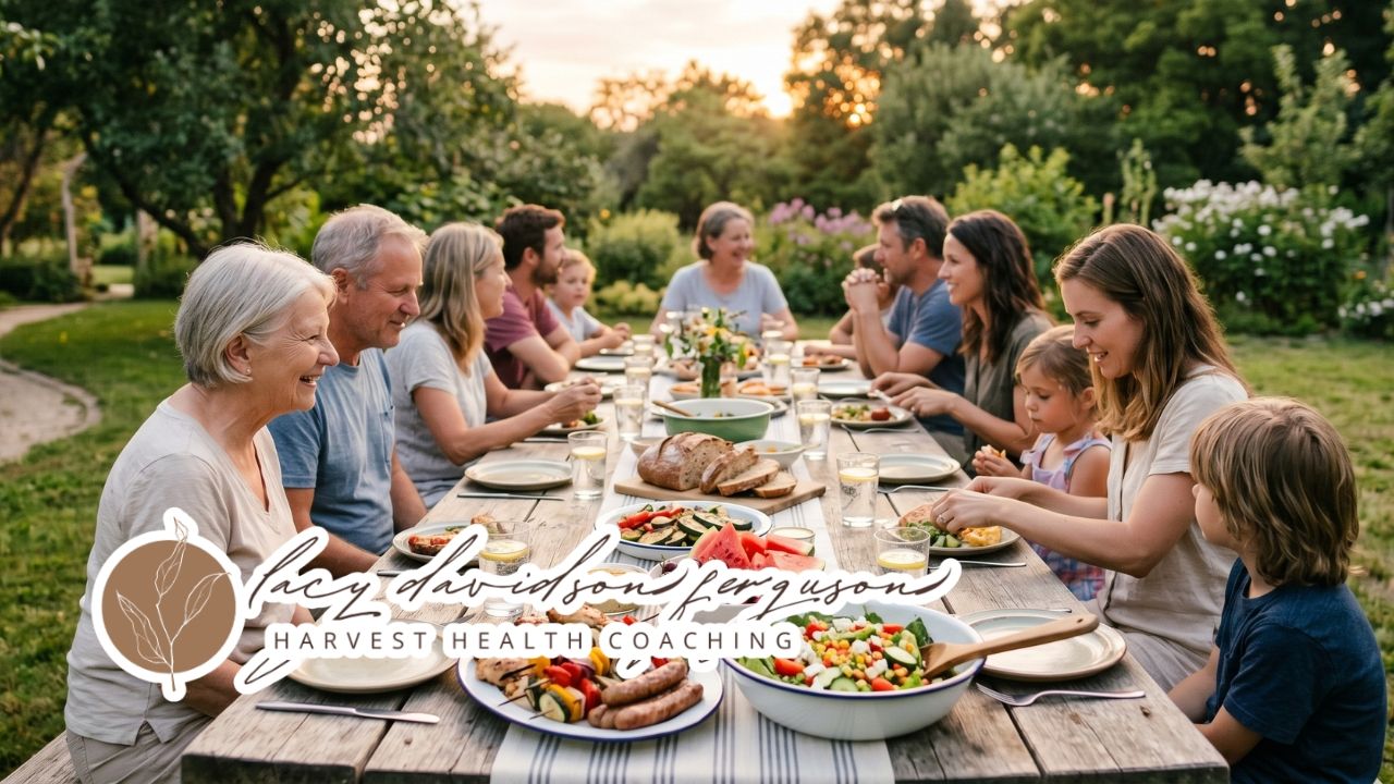 family enjoying a simple summer meal outdoors with fresh seasonal food