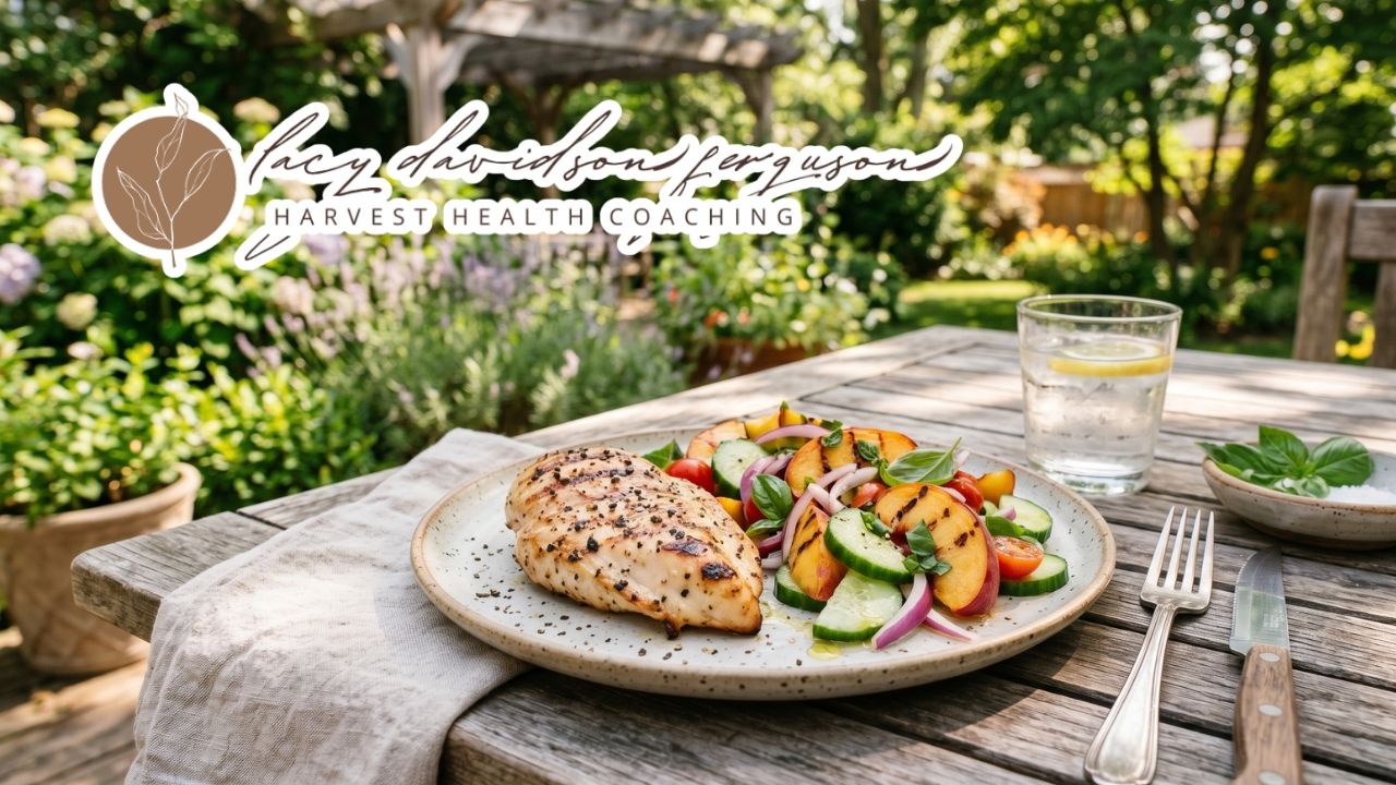 grilled chicken served with fresh peach cucumber salad and basil