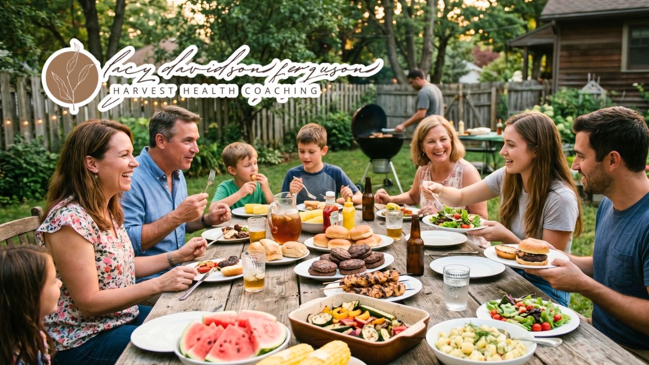 family enjoying a healthy summer cookout with grilled burgers fresh vegetables and watermelon