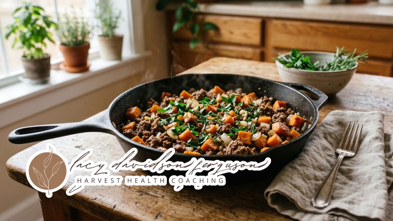 simple skillet beef and sweet potatoes with herbs in a pan