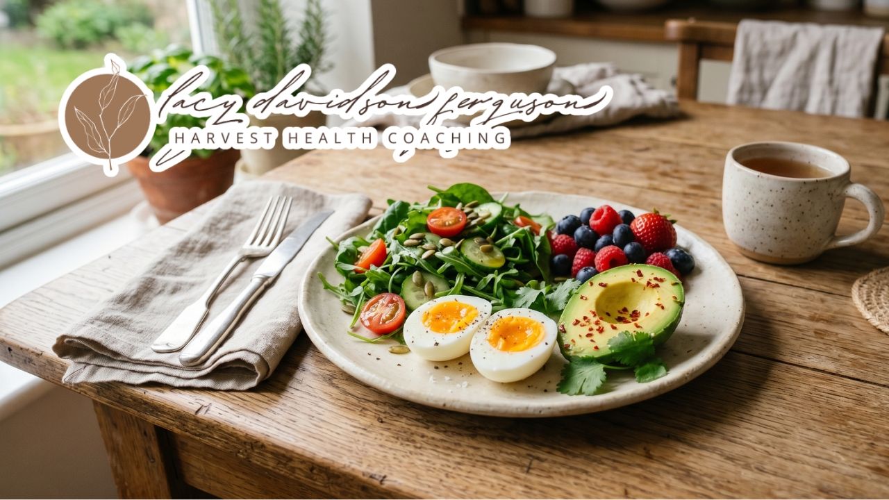 simple balanced meal with protein healthy fat and fiber on a kitchen table