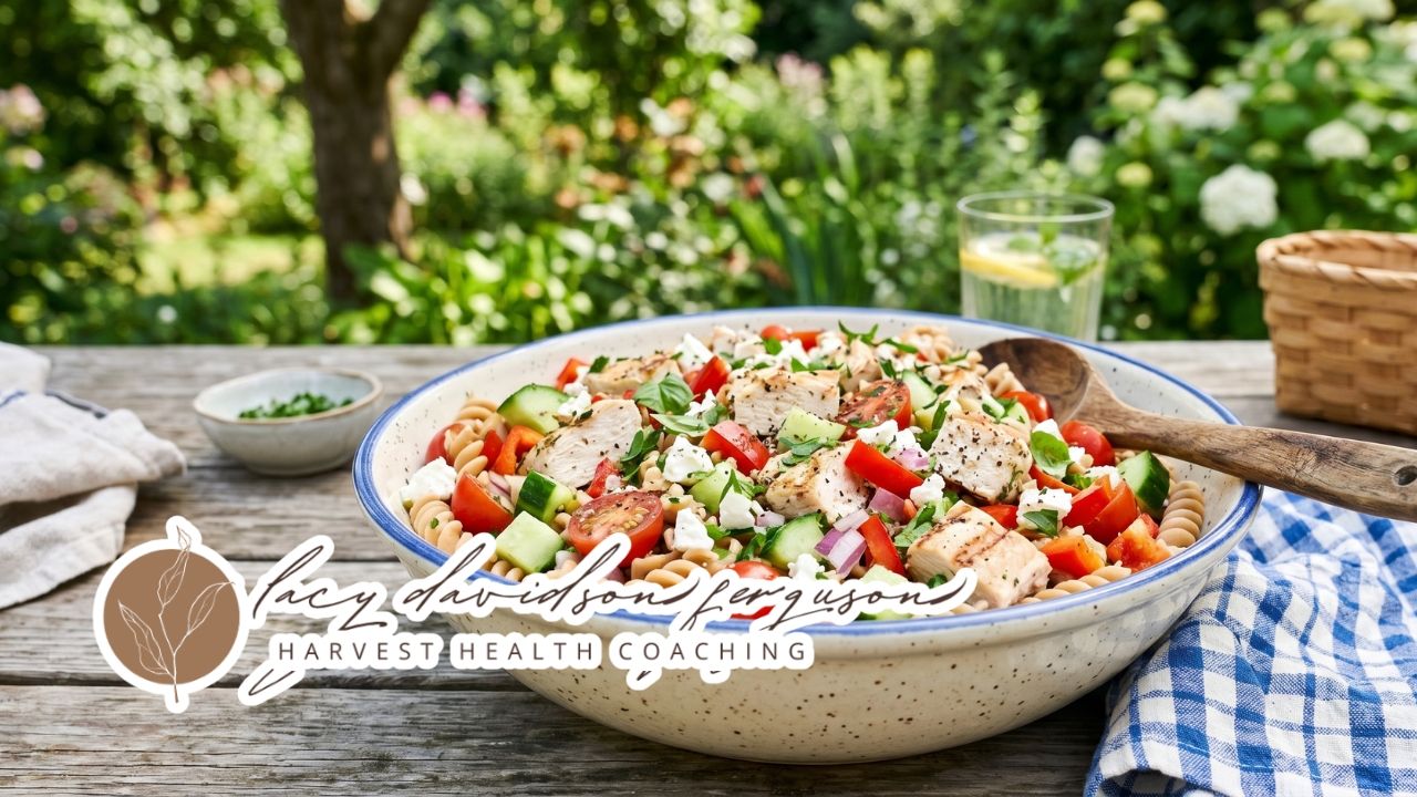 protein-packed chicken pasta salad with vegetables and feta cheese in a bowl