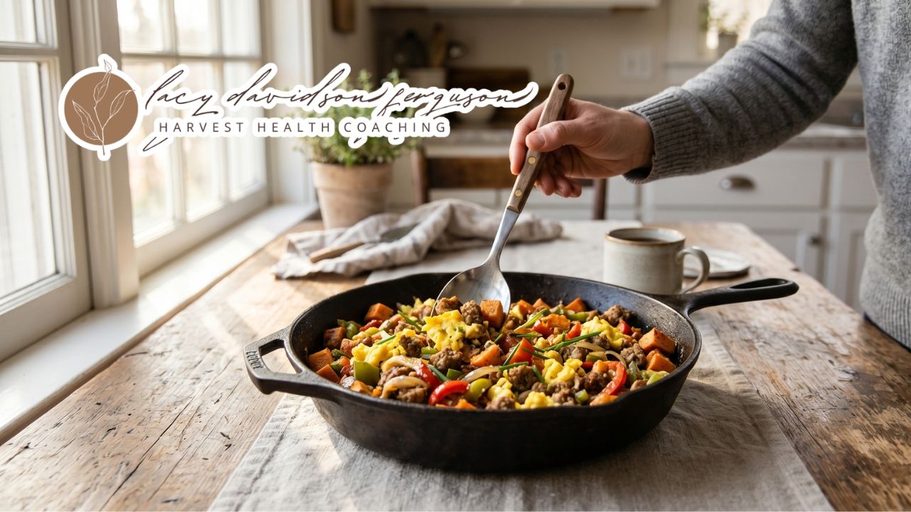 sausage egg and sweet potato breakfast skillet with vegetables in a cast iron pan