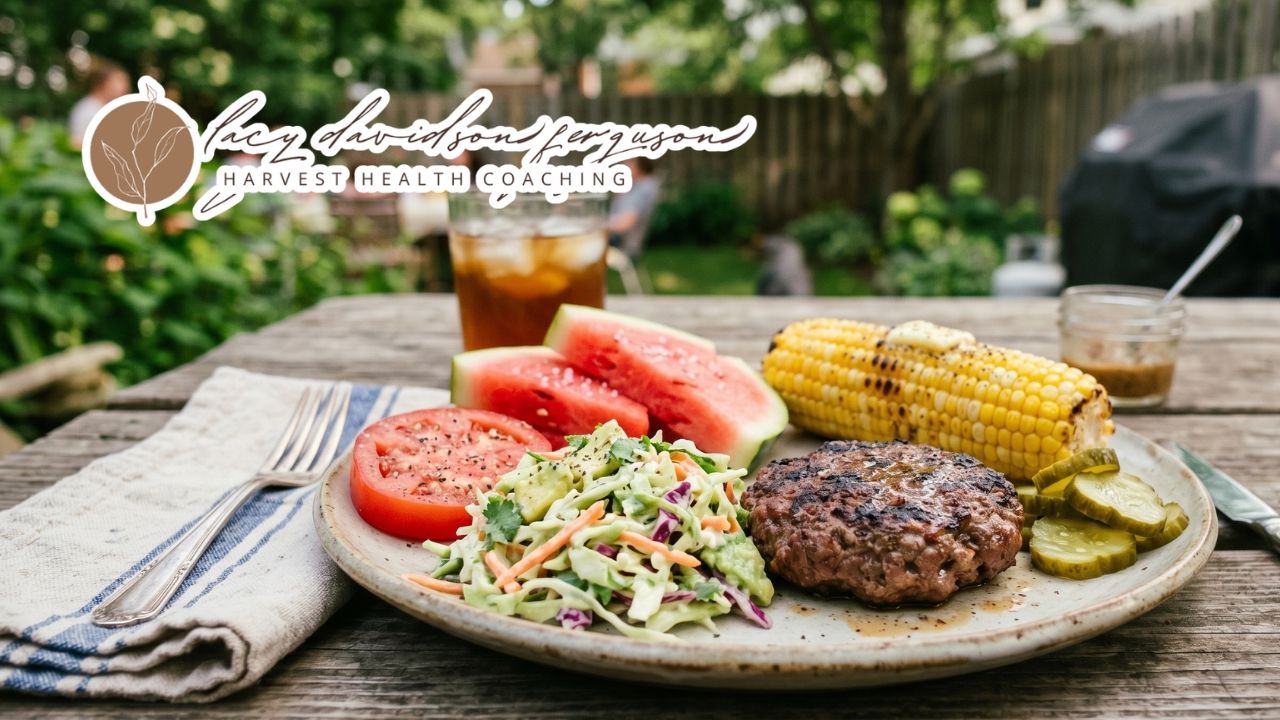 summer burger plate with avocado slaw watermelon and grilled corn