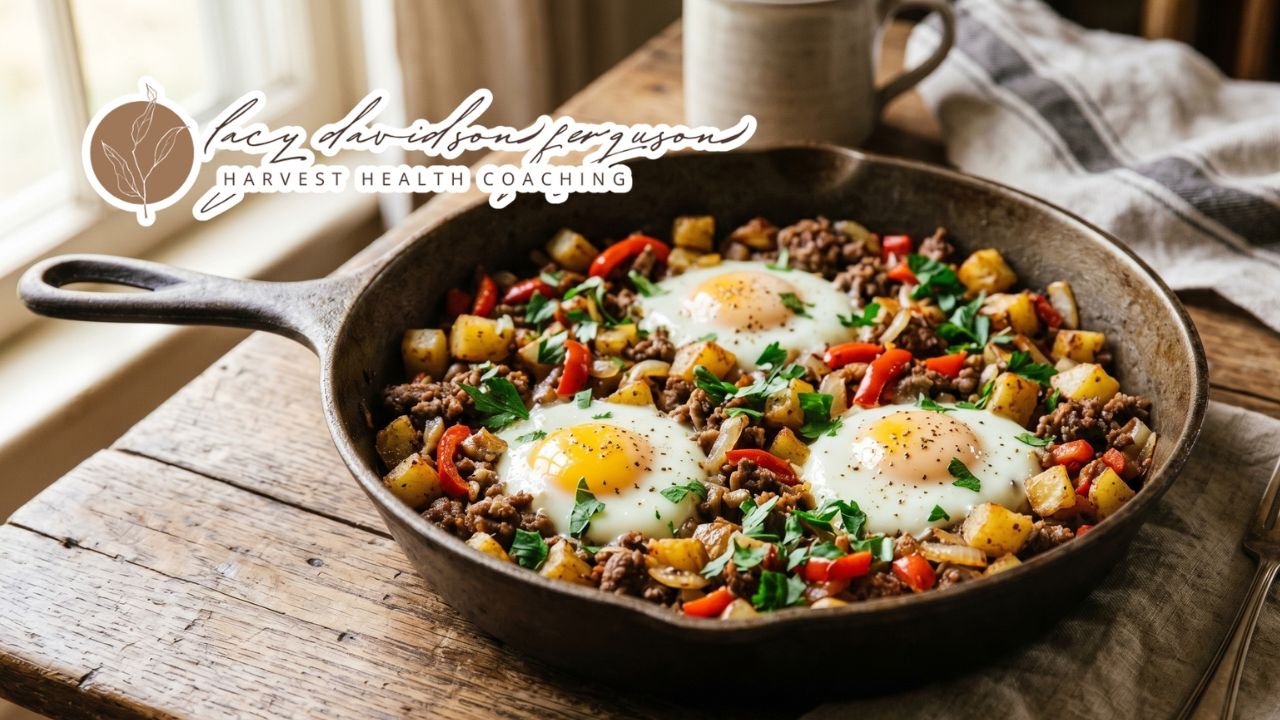 breakfast hash with eggs ground beef and potatoes cooked in a cast iron skillet