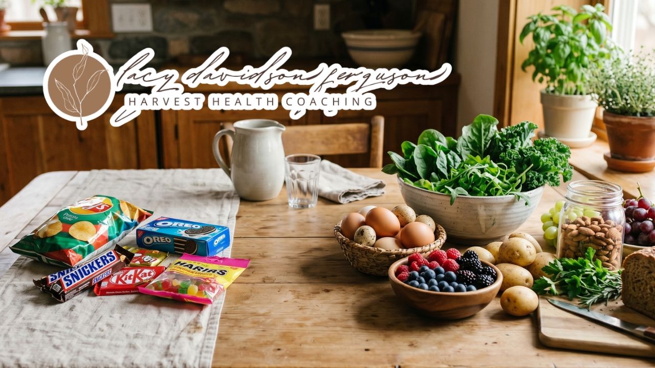 ultra-processed foods and real whole foods compared on a kitchen table