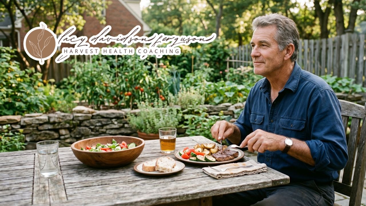 father sitting outdoors enjoying a nourishing meal after a day of work