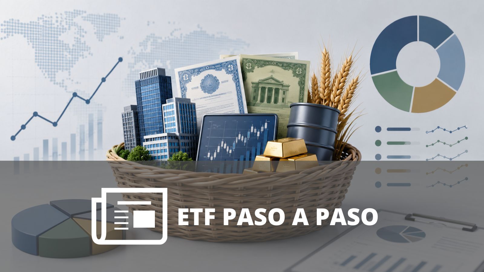 Canasta de inversión con acciones, bonos y otros activos representando el funcionamiento de un ETF