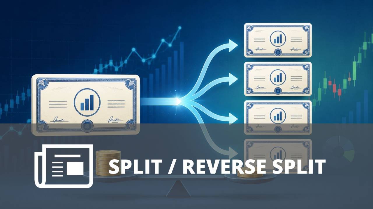 Ilustración de una acción dividida en varias partes para representar un stock split y el ajuste en la cantidad de acciones.