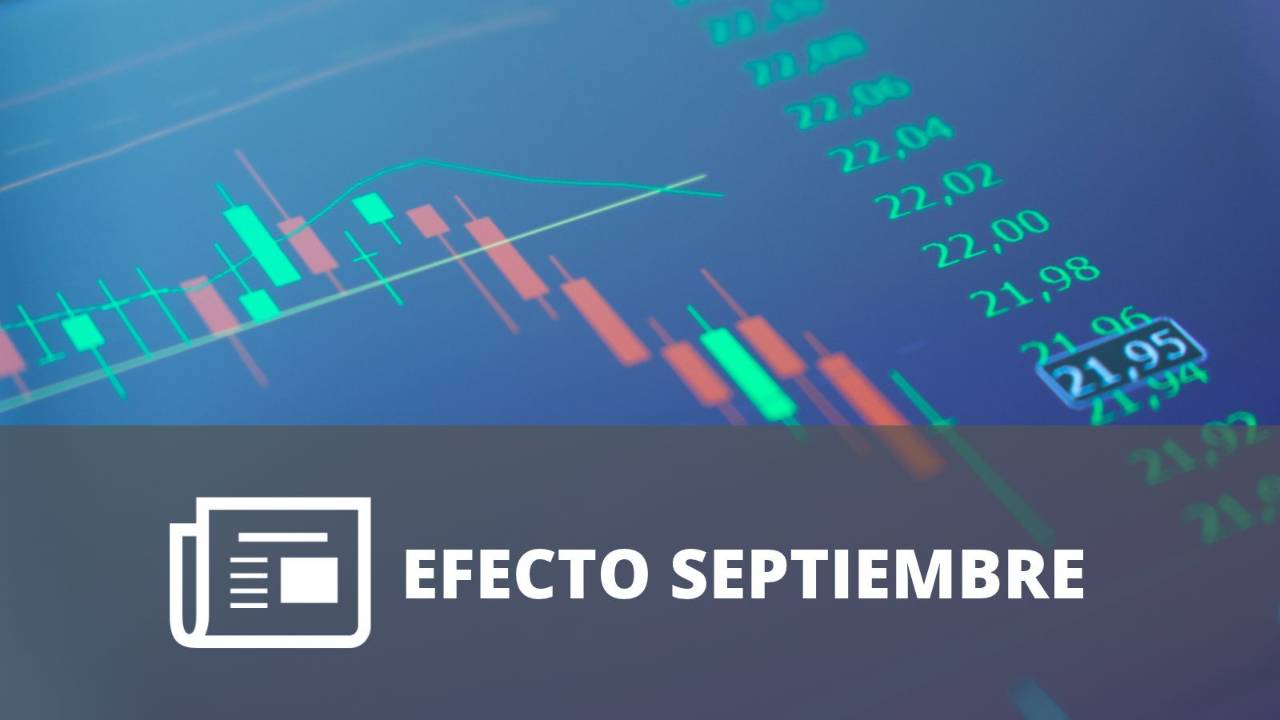 Gráfico bursátil con velas verdes y rojas en tendencia descendente, acompañado de cotizaciones numéricas sobre un fondo azul.