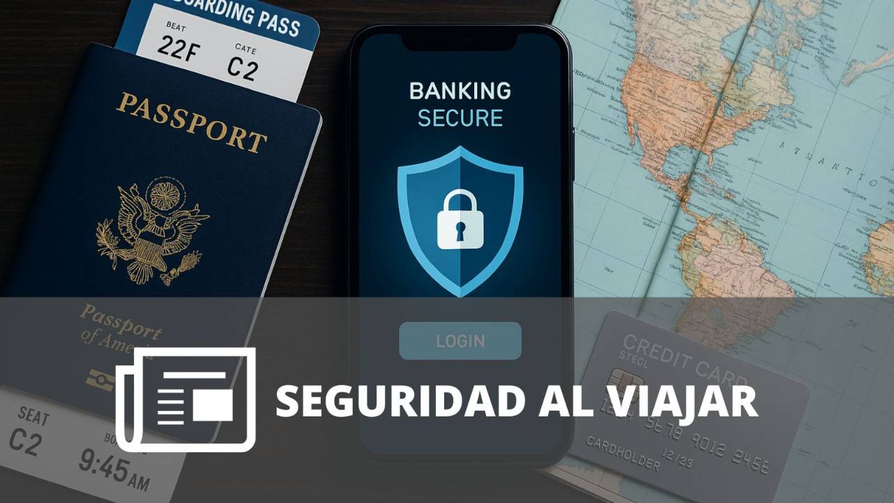Pasaporte, boleto de avión, teléfono con símbolo de seguridad bancaria, tarjeta de crédito y mapa, representando la protección de cuentas financieras durante un viaje.