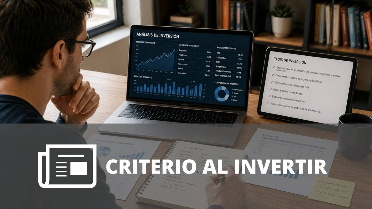 Inversionista analizando información financiera, gráficos y datos de una empresa antes de tomar una decisión de inversión.