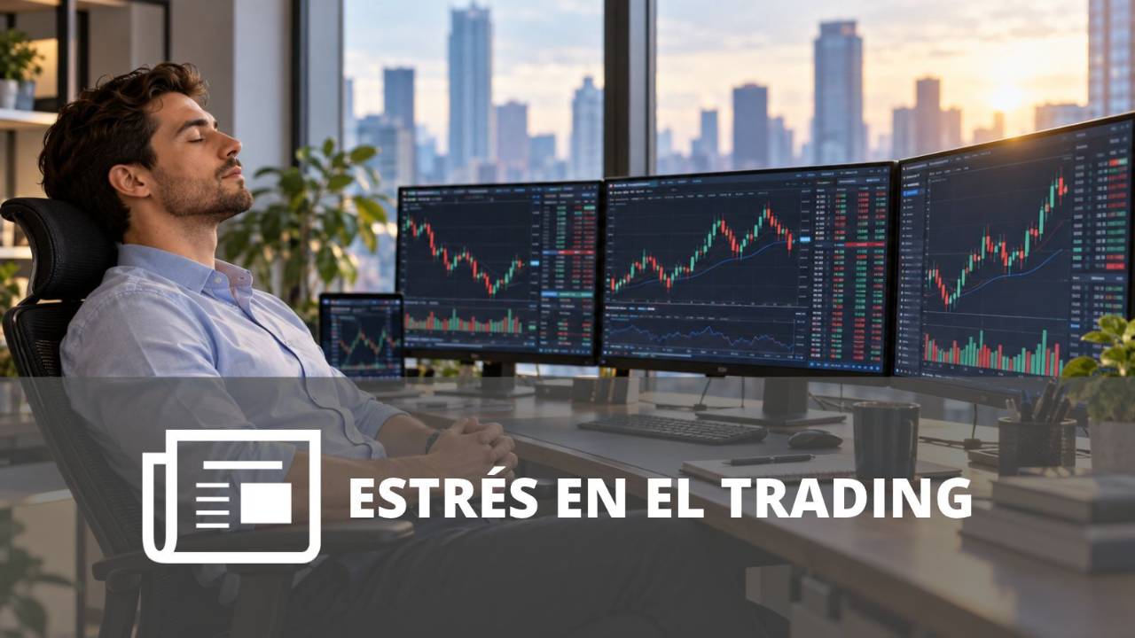 Trader sentado frente a varios monitores con gráficos bursátiles, tomando una pausa para relajarse durante una sesión de mercado.