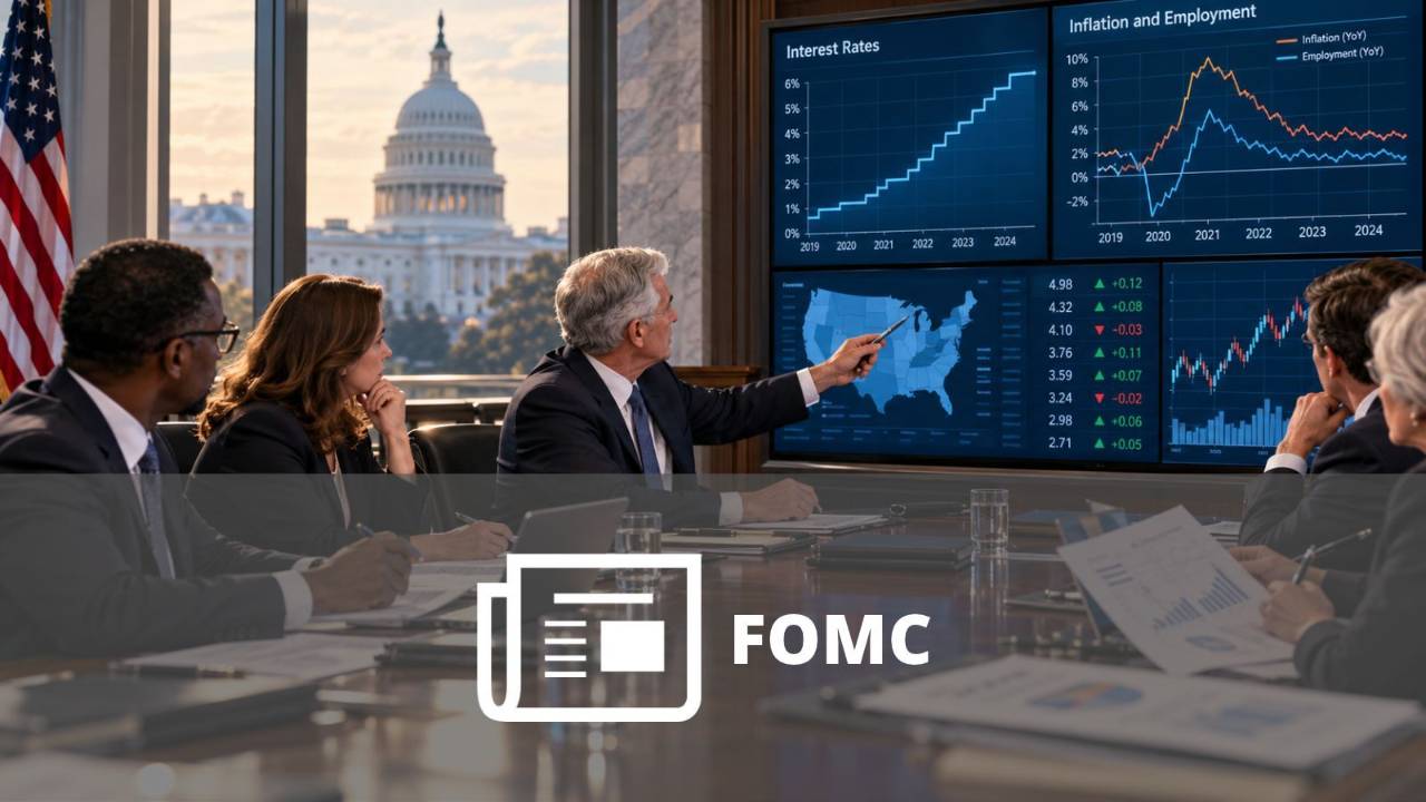 Sala de reuniones de política monetaria con representantes financieros, gráficos de tasas de interés e indicadores económicos de Estados Unidos.