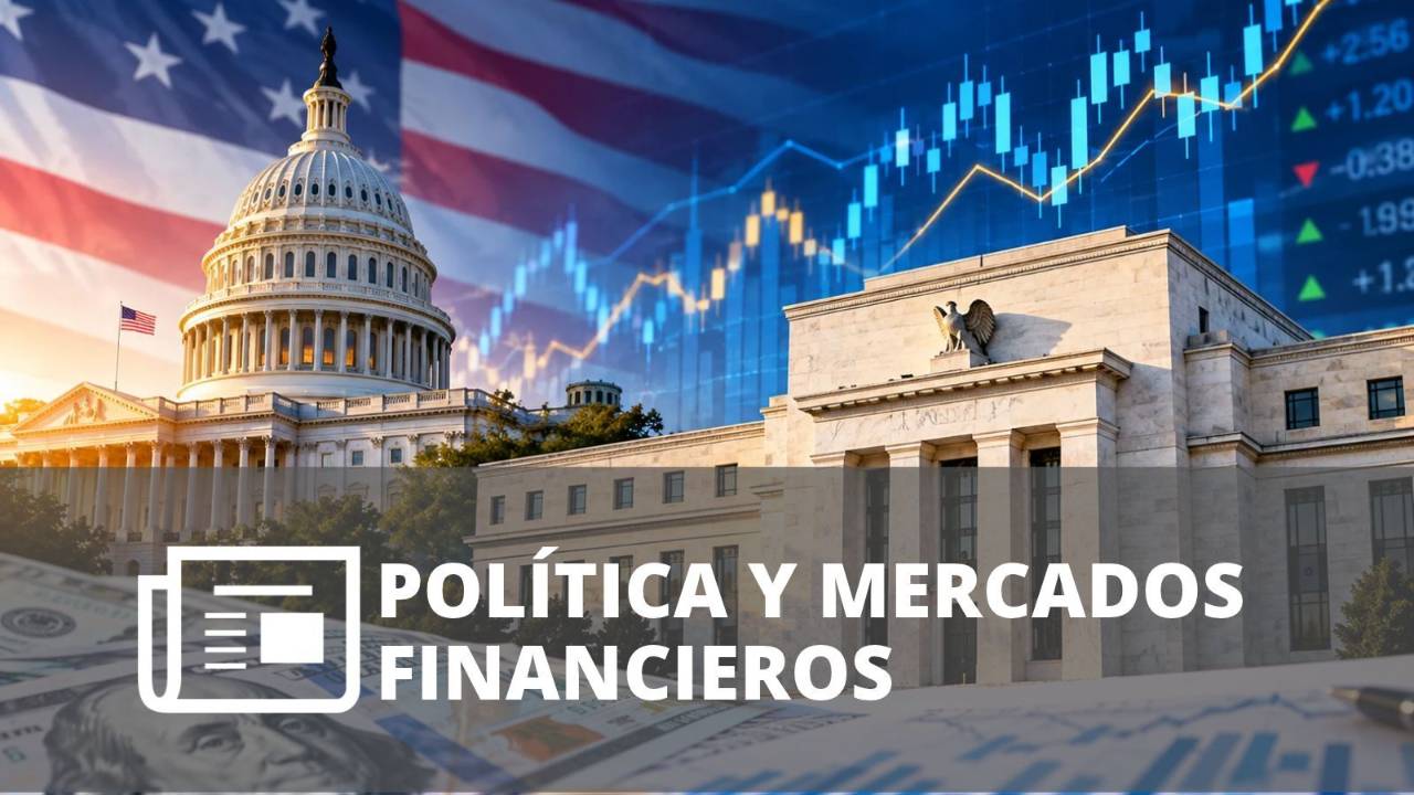 Edificio institucional de Estados Unidos acompañado de gráficos financieros que representan la relación entre política económica y mercados.