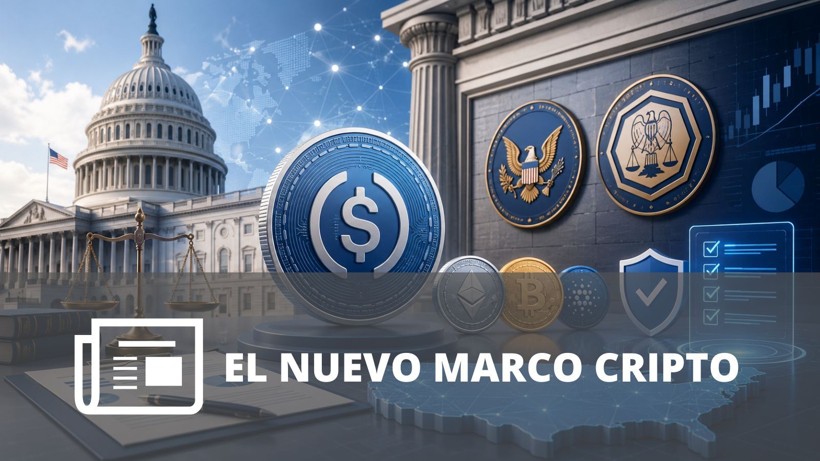 Ilustración sobre regulación cripto en EE. UU.: stablecoins, SEC y CFTC