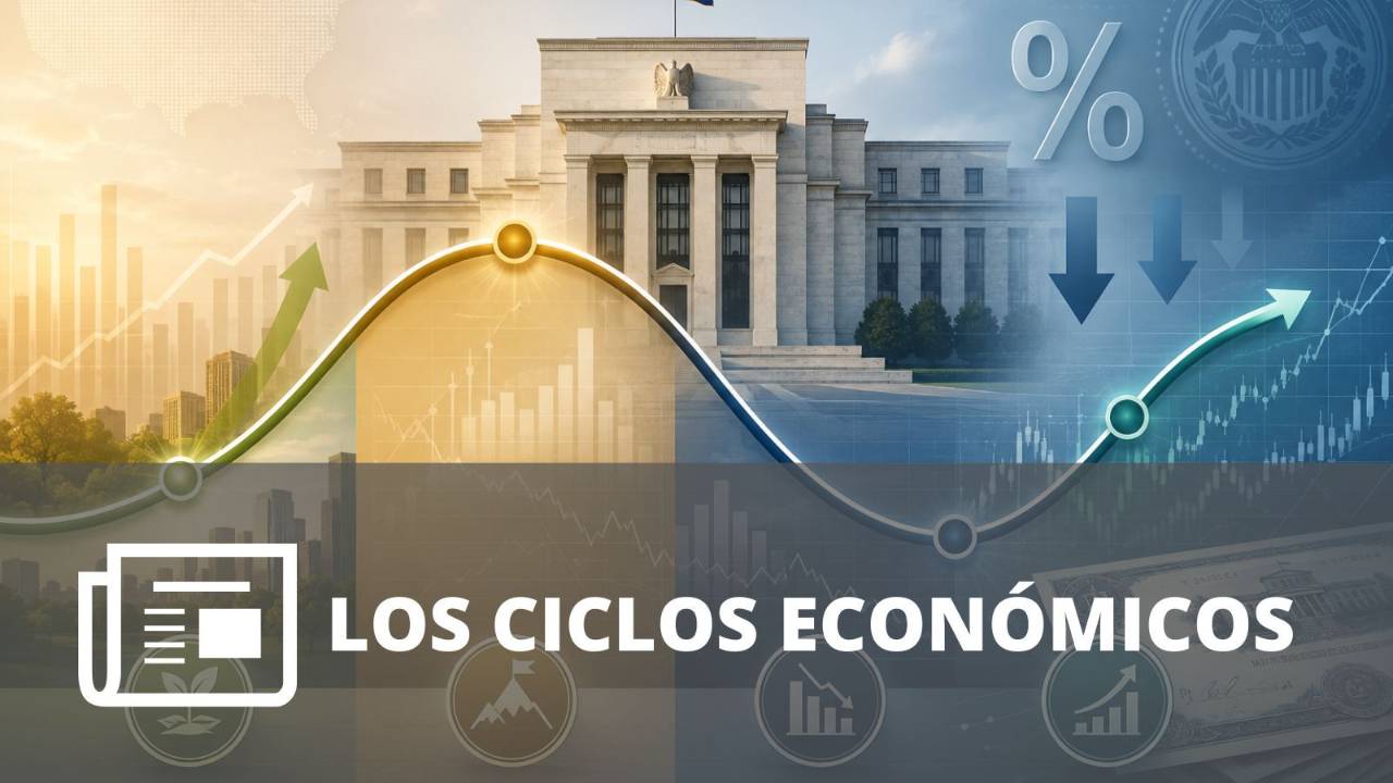 Gráfico del ciclo económico con etapas de expansión y recesión frente al edificio de la Reserva Federal y referencias visuales a las tasas de interés.