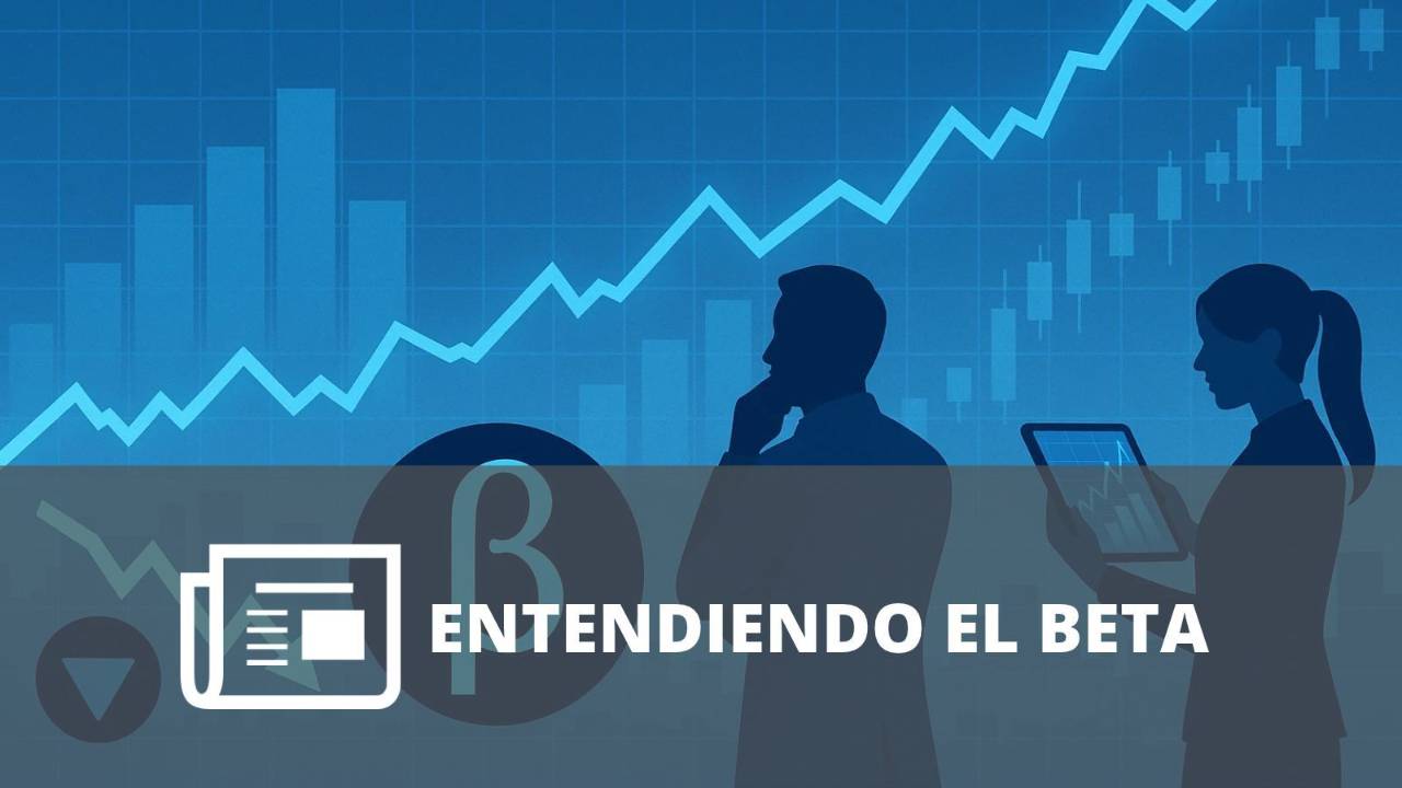 Símbolo Beta junto a gráficos financieros y dos personas analizando el comportamiento del mercado. 