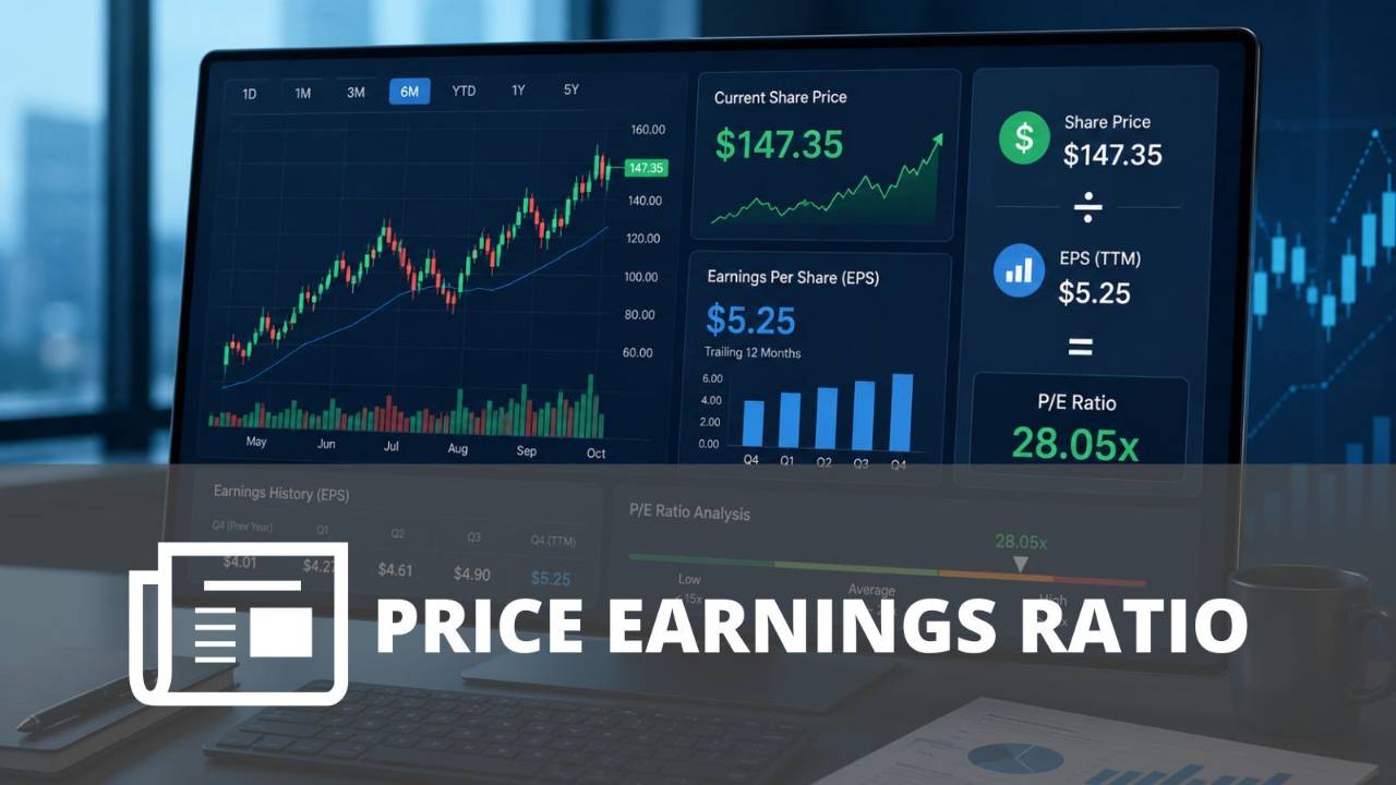 Pantalla financiera con el precio de una acción y datos de beneficios que representan el cálculo y análisis del ratio PER.