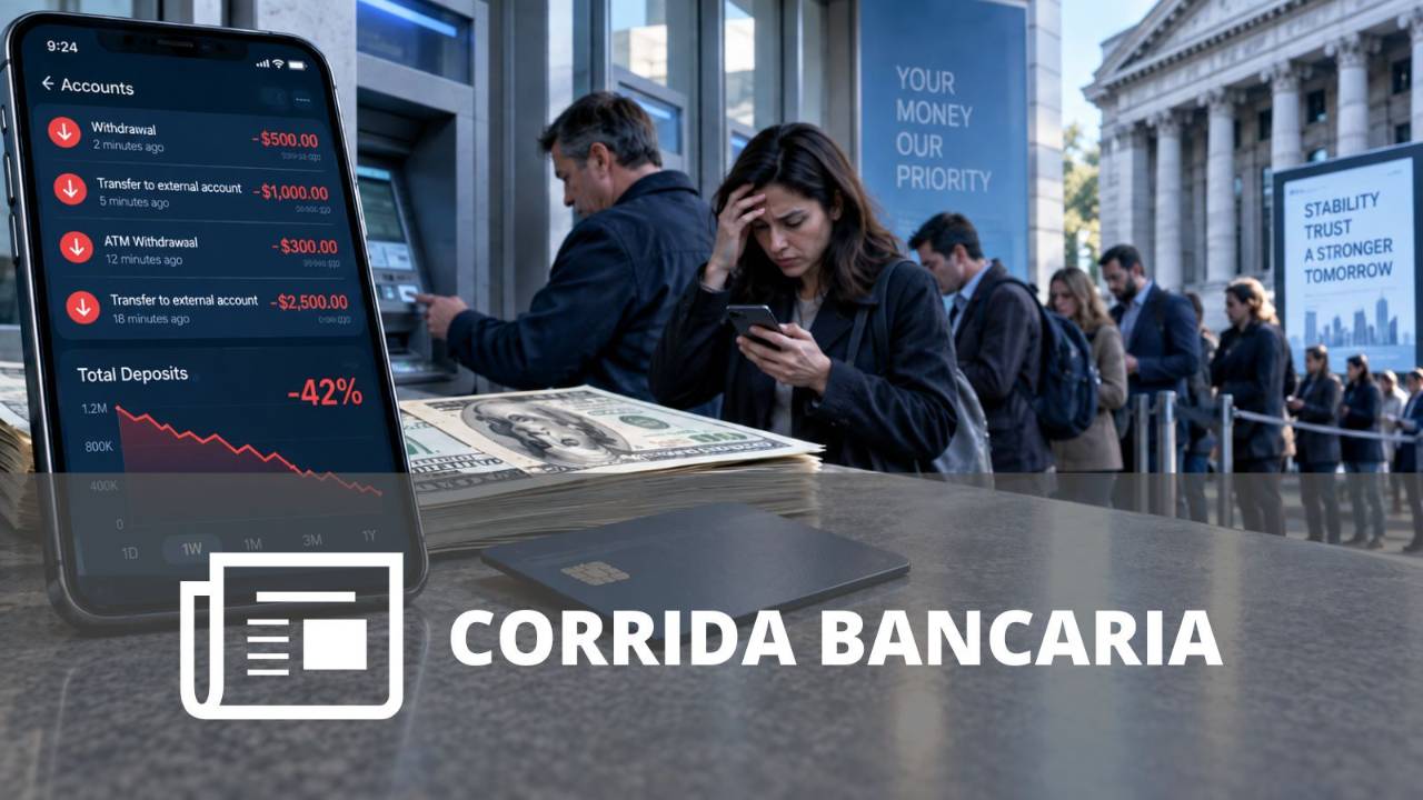 Clientes retirando dinero mediante banca digital mientras una institución bancaria enfrenta una salida acelerada de depósitos.