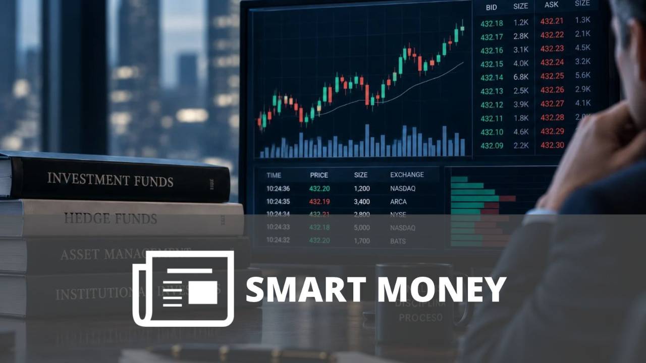 Gráfico financiero con volumen y flujo de órdenes junto a operadores institucionales, representando la actividad del smart money en los mercados.