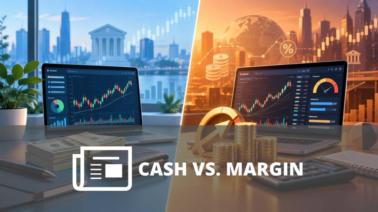 Comparación visual entre cuentas Cash y Margin, con efectivo y gráficos bursátiles a un lado, y monedas, calculadora y una plataforma de trading al otro.