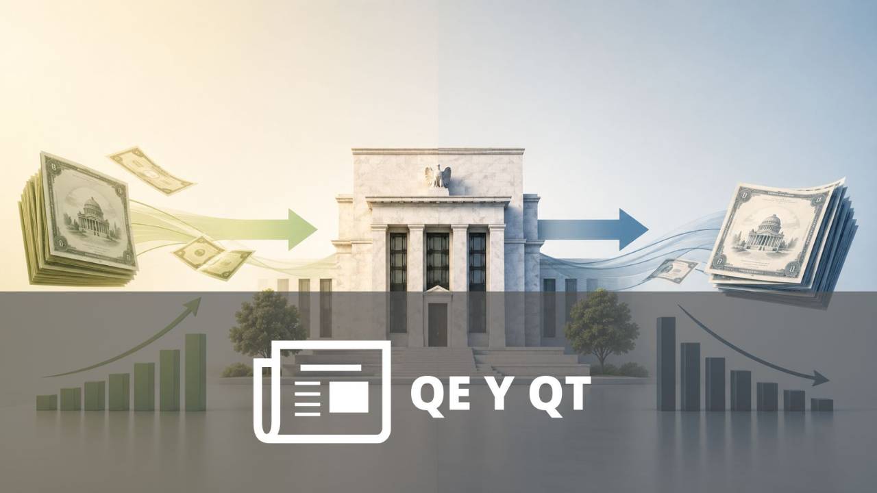 Gráfico financiero con un banco central, bonos y flechas de entrada y salida de liquidez que representan los procesos de QE y QT.