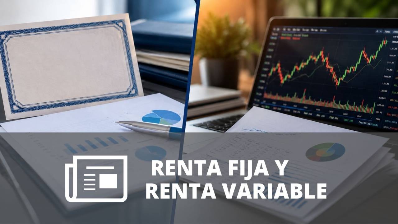 Comparación visual entre bonos de renta fija y acciones de renta variable junto a gráficos financieros y documentos de inversión.