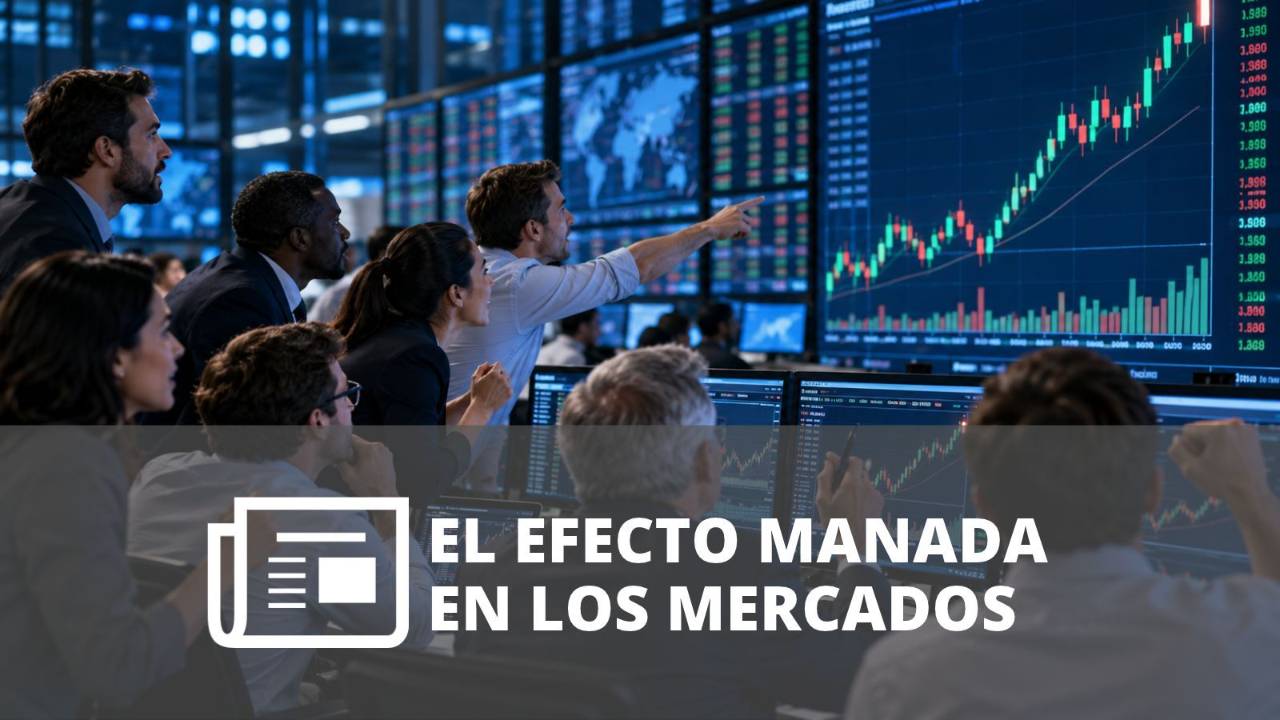 Grupo de inversionistas observando gráficos bursátiles que representan movimientos colectivos de compra y venta.