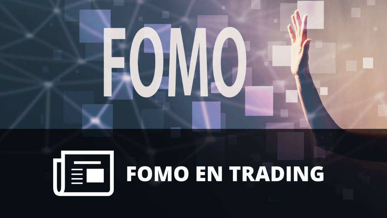 Ilustración sobre el FOMO en el trading, con la palabra “FOMO” destacada y una mano extendida que representa el miedo a perder una oportunidad. 