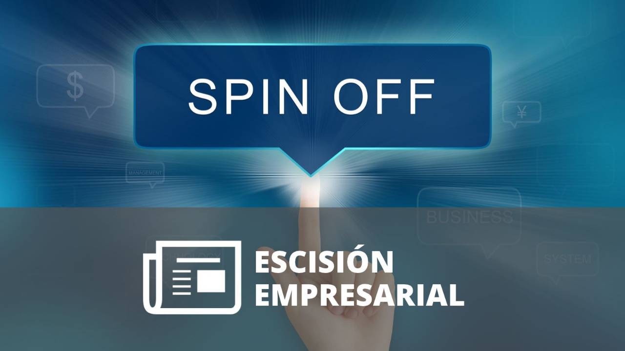 Mano señalando un botón con el texto “Spin Off” sobre un fondo empresarial azul. 
