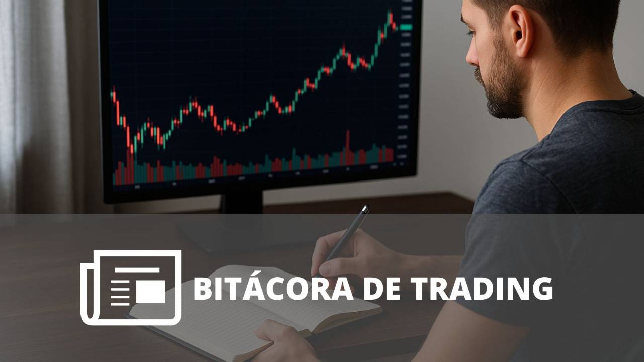 Trader registrando operaciones, emociones y resultados en una bitácora junto a gráficos financieros