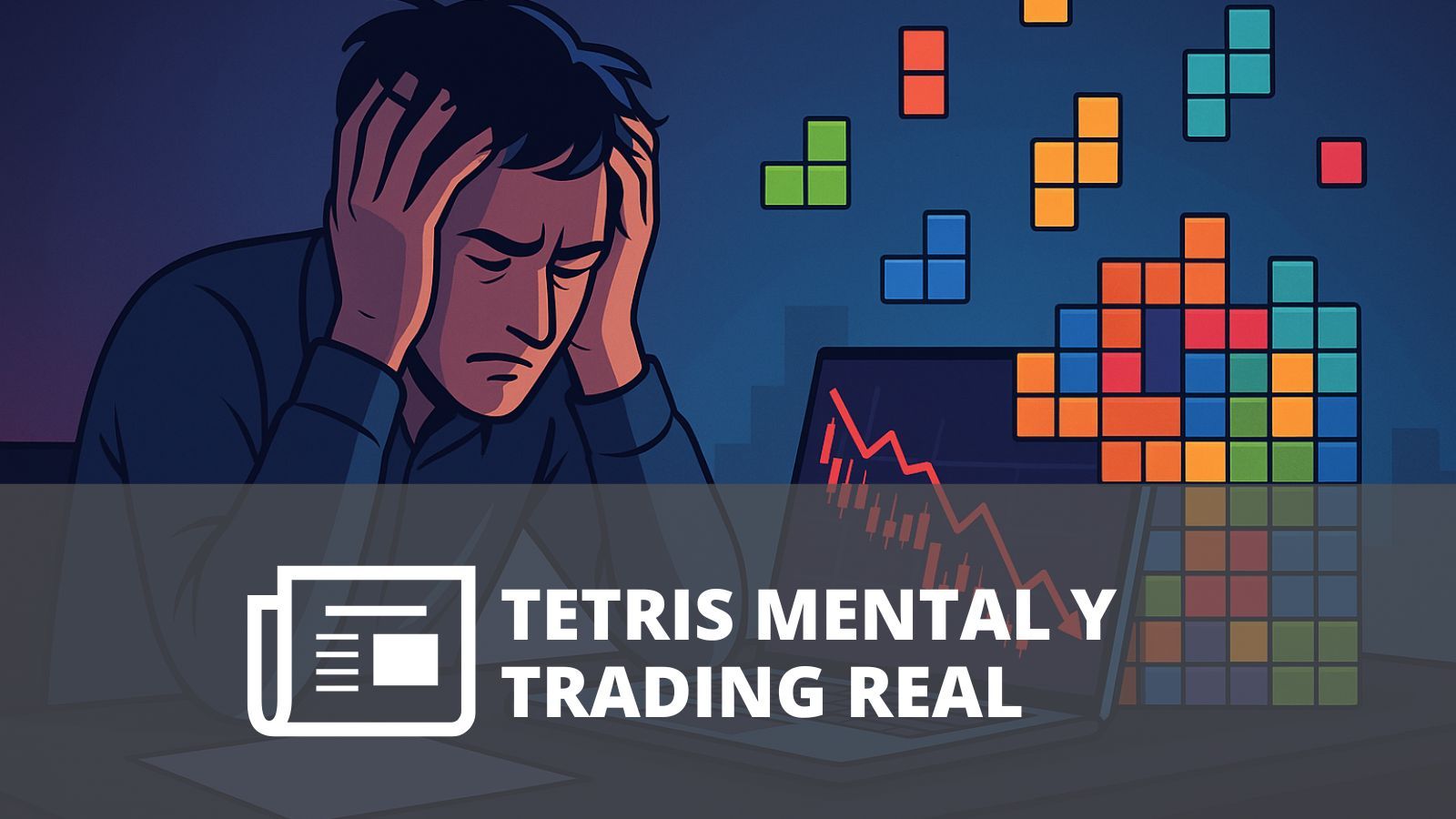 Trader frente a una gráfica mientras organiza bloques de Tetris que representan sus decisiones y emociones