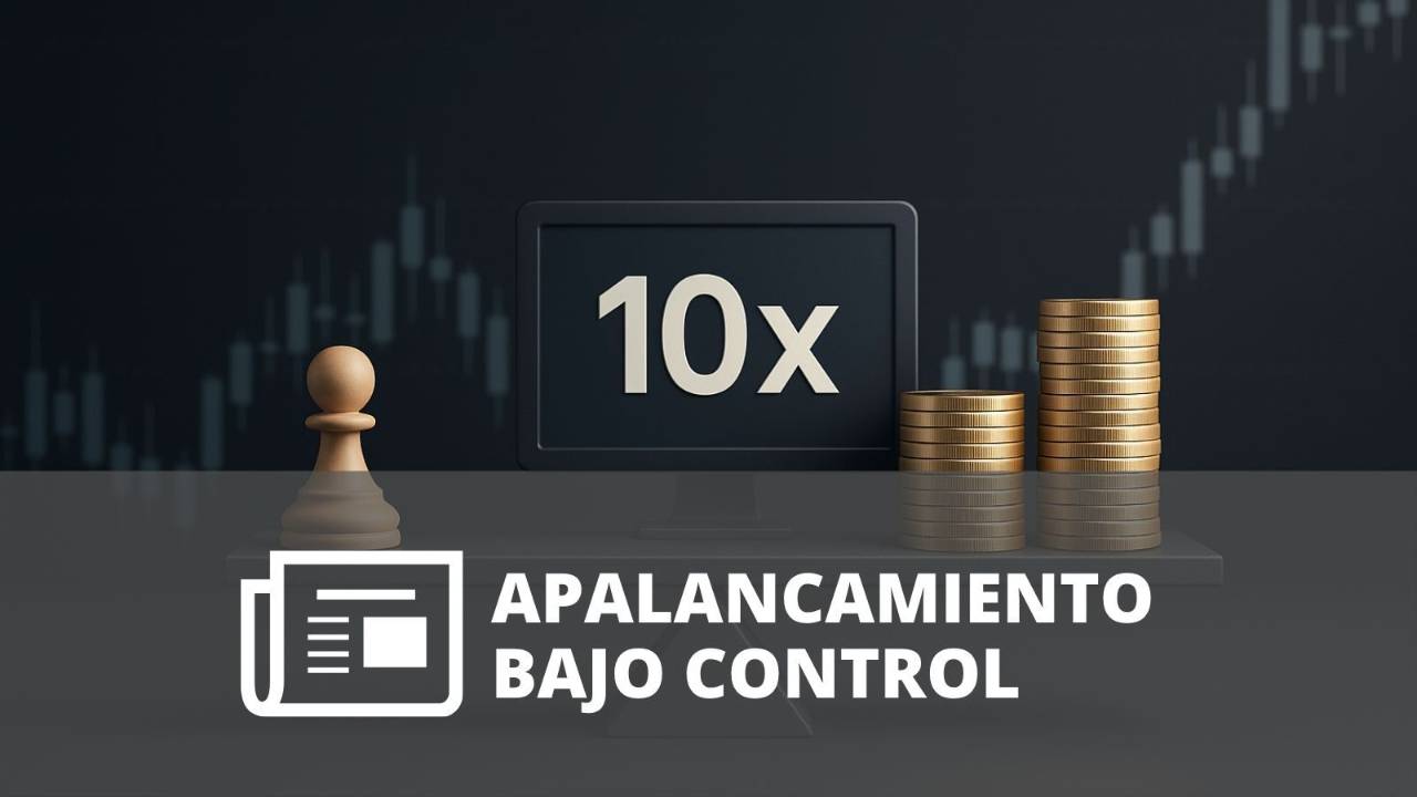 Ilustración de una balanza con apalancamiento 10x, un peón de ajedrez y pilas de monedas frente a un gráfico de trading ascendente.
