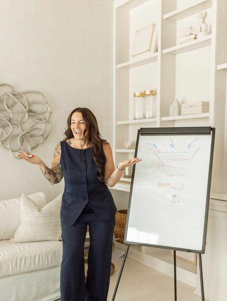 Lindsey teaching a sales funnel at a whiteboard