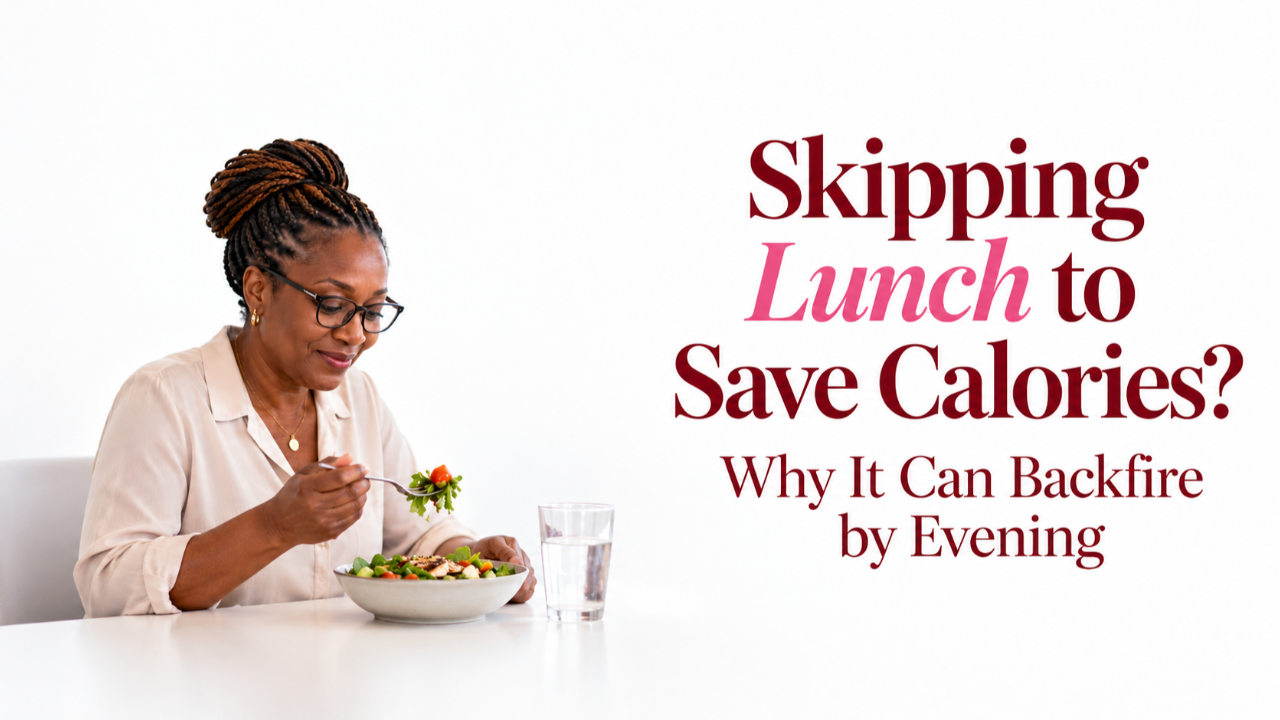 Midlife Ghanaian woman wearing glasses and enjoying a healthy salad at her work desk, highlighting the importance of eating lunch for energy and balanced nutrition.