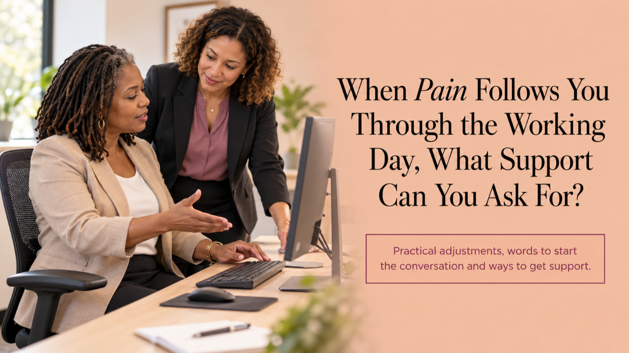 Mauritian woman discussing her workstation with her manager, alongside an article title about pain at work and practical support.